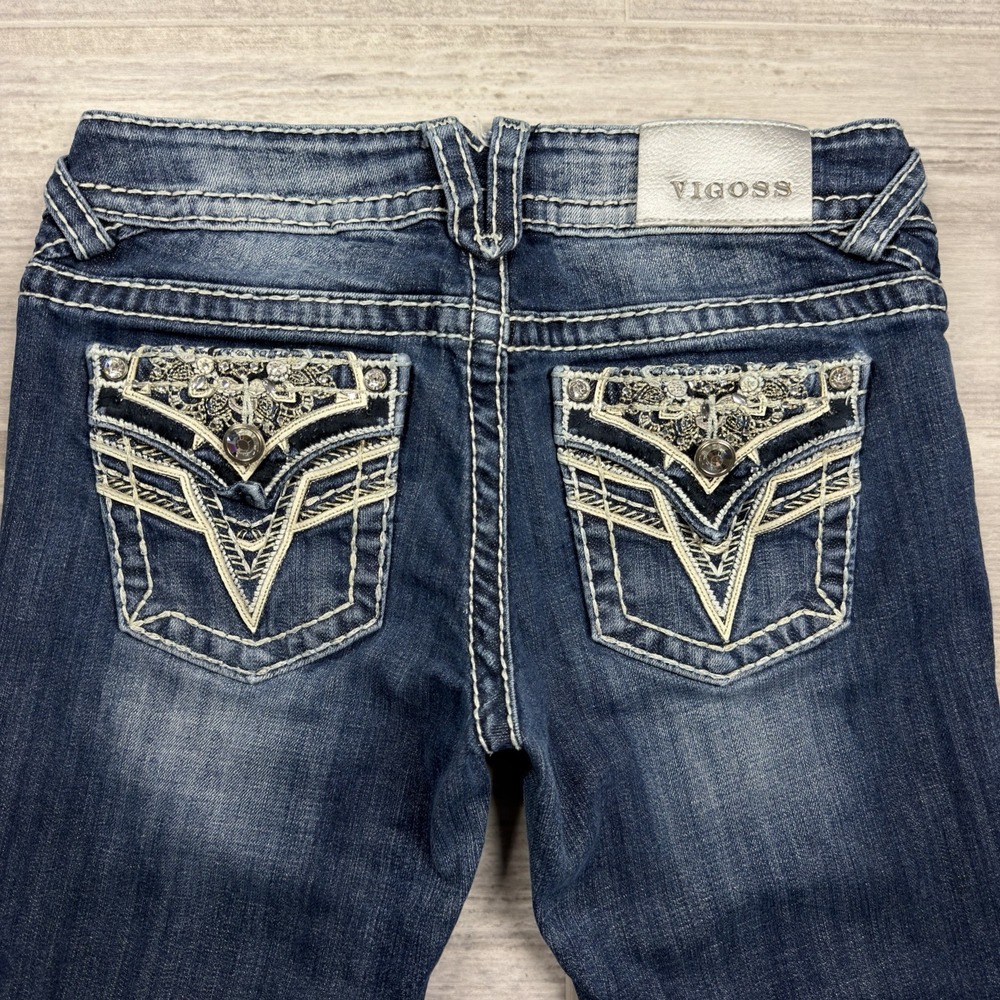 Vigoss Jeans Womens Size 3/4 The Dallas Capri Dark Wash Rhinestone Leather Bling